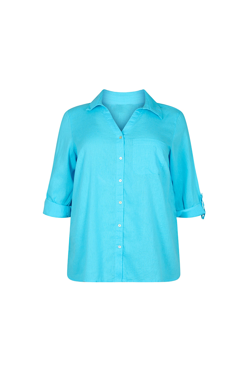 Happy Sizes Λινό πουκάμισο με τσέπη σε σιέλ χρώμα 00471/7-Σιέλ