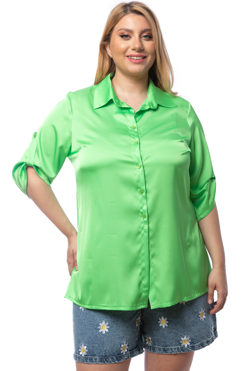 Happy Sizes Σατέν πουκάμισο με κουμπί στο μανίκι σε λαχανί χρώμα 1423.5294-Λαχανί