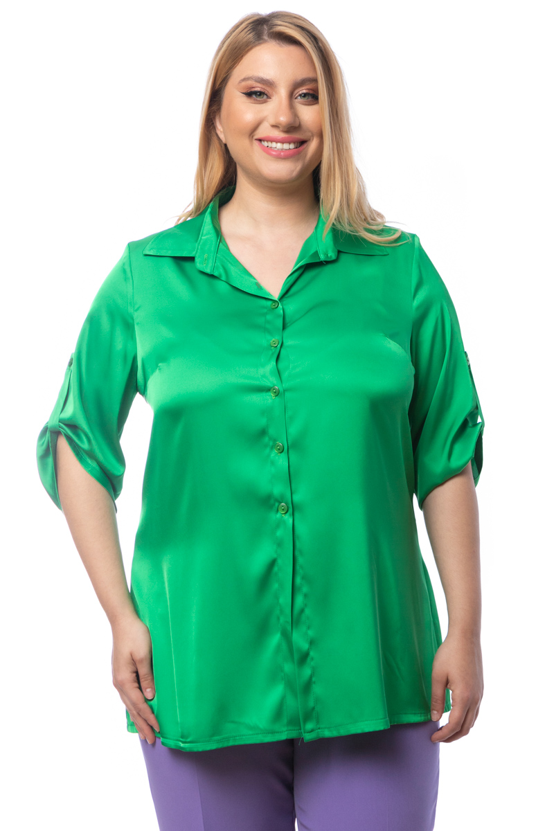 Happy Sizes Σατέν πουκάμισο με κουμπί στο μανίκι σε πράσινο χρώμα 1423.5294-Πράσινο