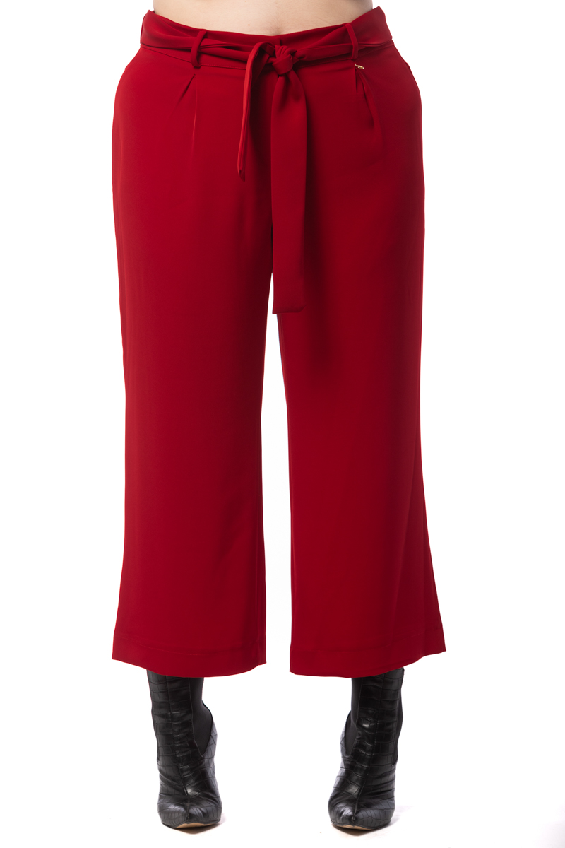 Happy Sizes Ζιπ κιλότ με κουφόπιετα και ζώνη σε κόκκινο χρώμα 14223.2428-Κόκκινο