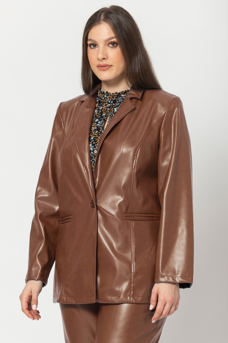 Happy Sizes Σακάκι leather-like με τσέπες σε σοκολά χρώμα 14223.3107-Σοκολά