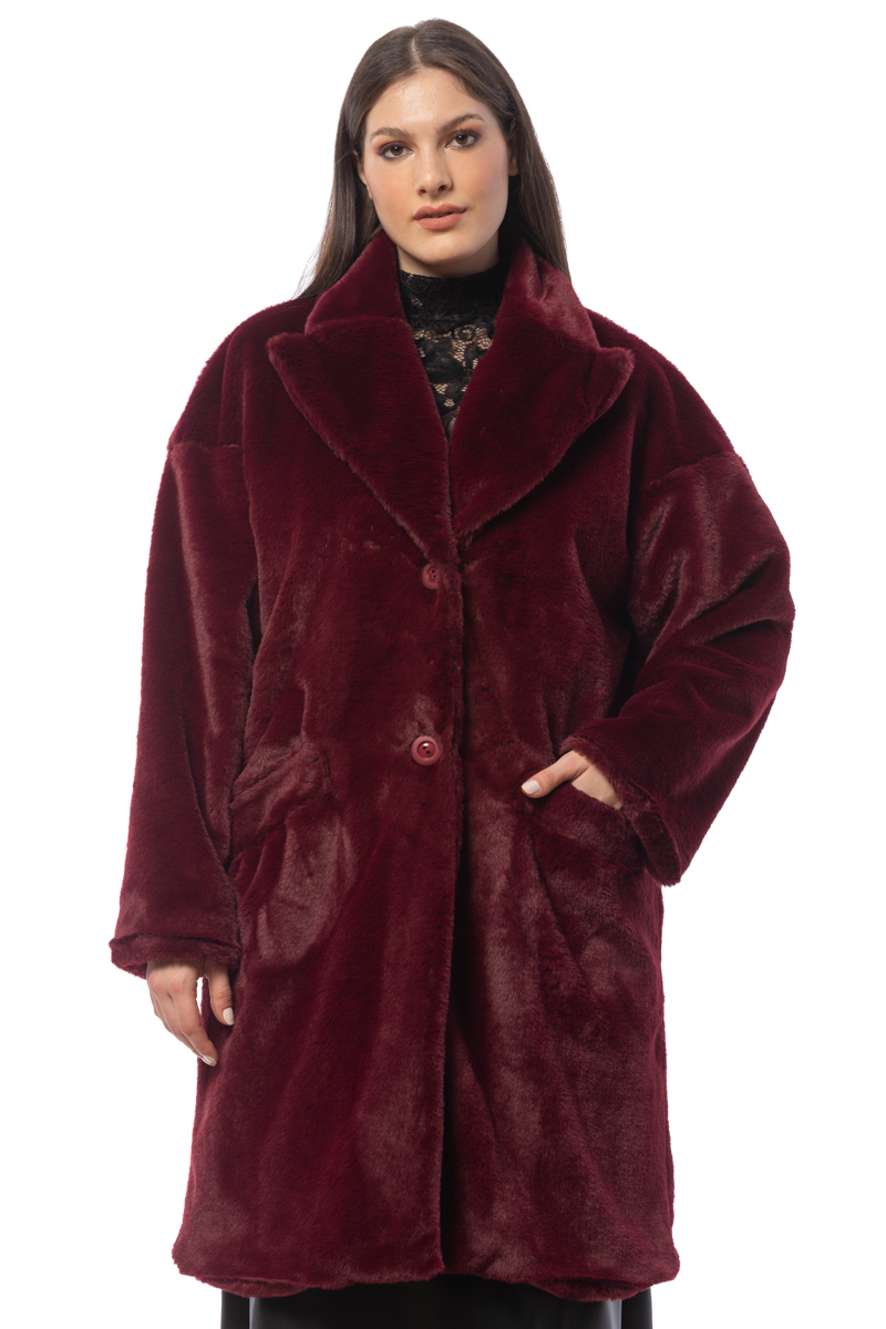 Happy Sizes Γούνινο παλτό με γιακά και κουμπιά σε μπορντώ χρώμα 14223.7305-Μπορντώ