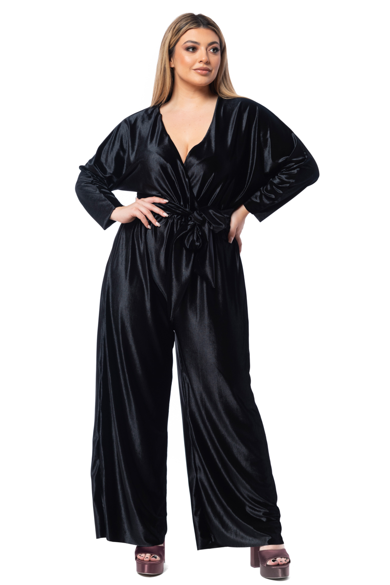 Happy Sizes Ολόσωμη φόρμα βελουτέ με ζώνη σε μαύρο χρώμα 14223.4546-Μαύρο