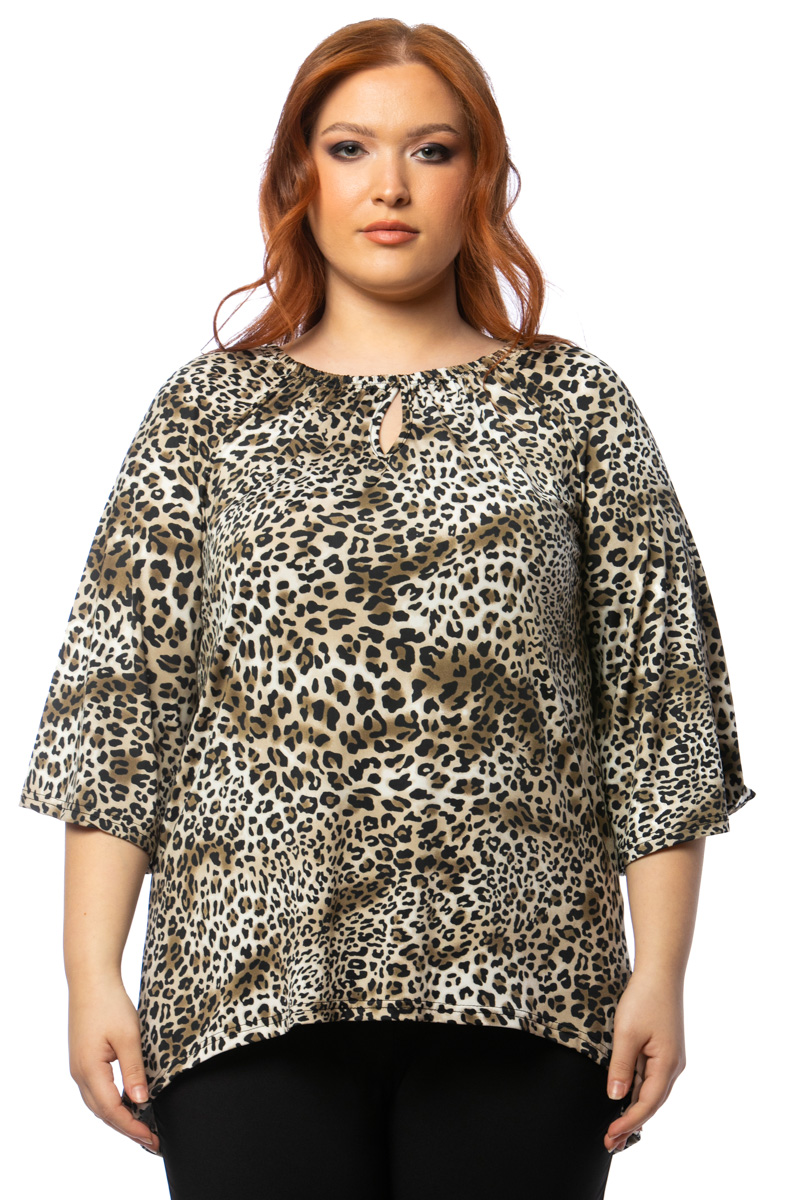 Happy Sizes Leopard μπλούζα με keyhole και καμπάνα μανίκι 1423.1730-Leopard