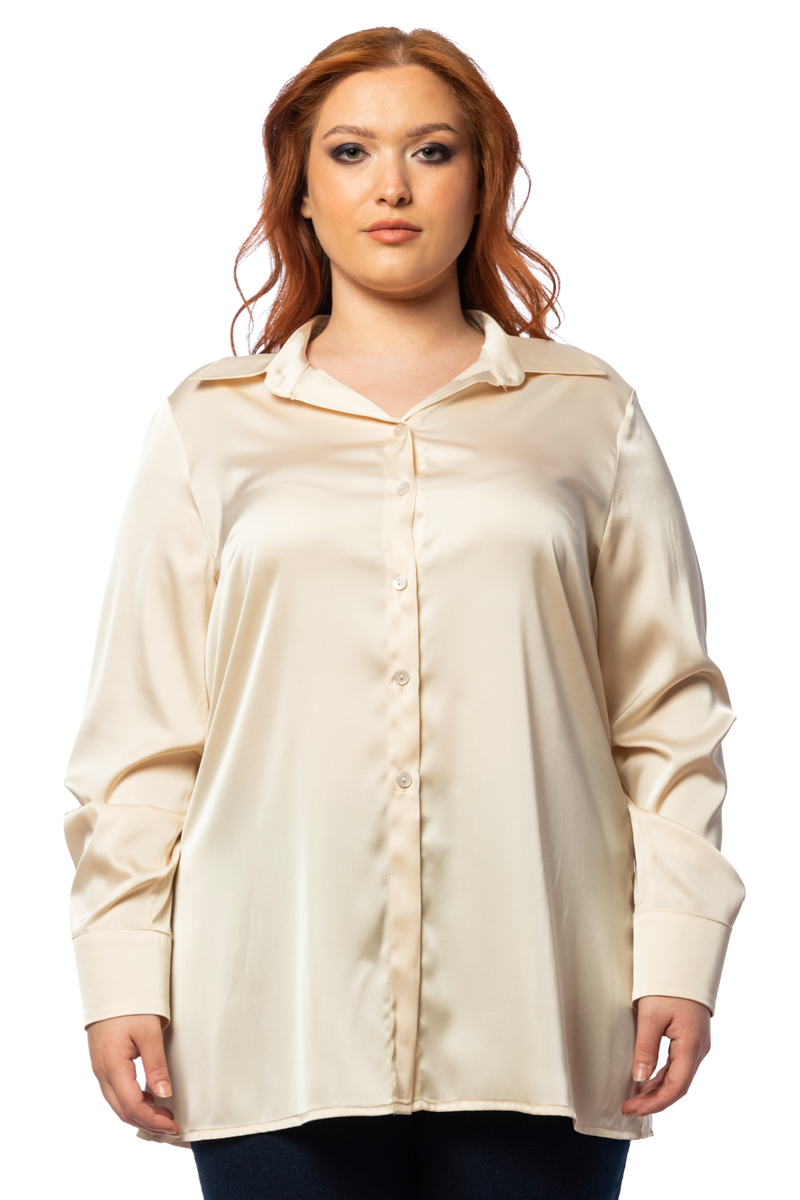 Happy Sizes Σατέν μακρύ πουκάμισο σε εκρού χρώμα 1423.5283-Εκρού