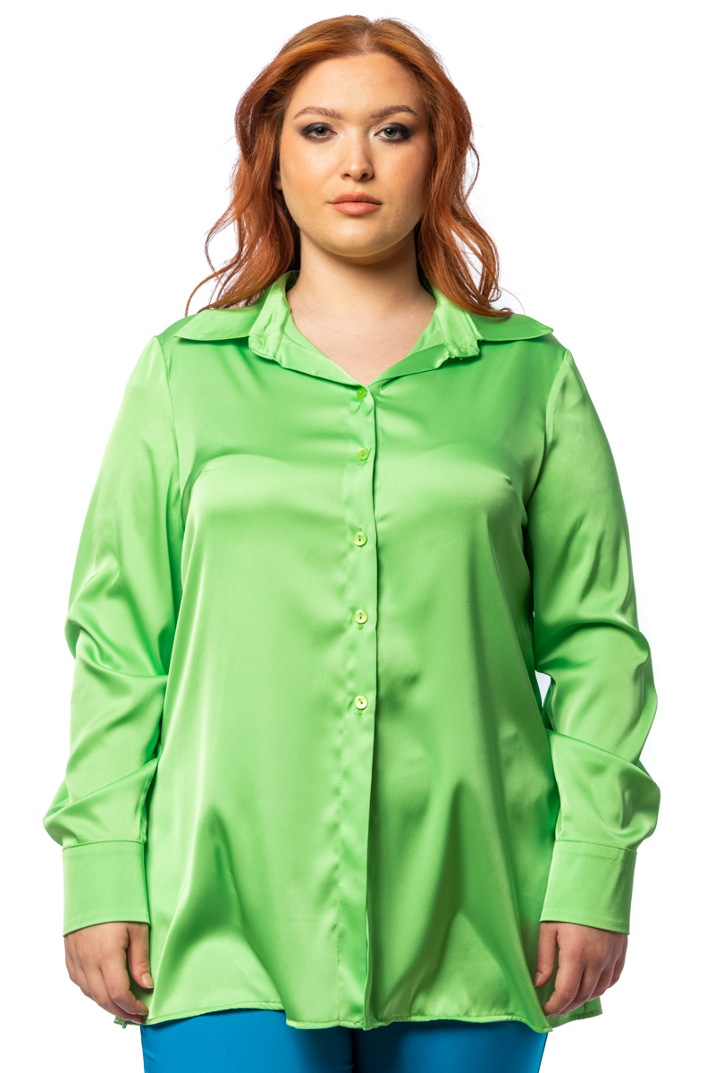 Happy Sizes Σατέν μακρύ πουκάμισο σε λαχανί χρώμα 1423.5283-Λαχανί