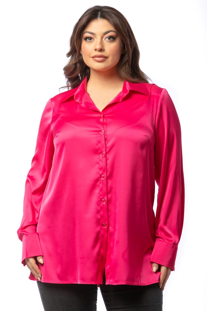 Happy Sizes Σατέν μακρύ πουκάμισο σε φουξ χρώμα 1423.5283-Φουξ