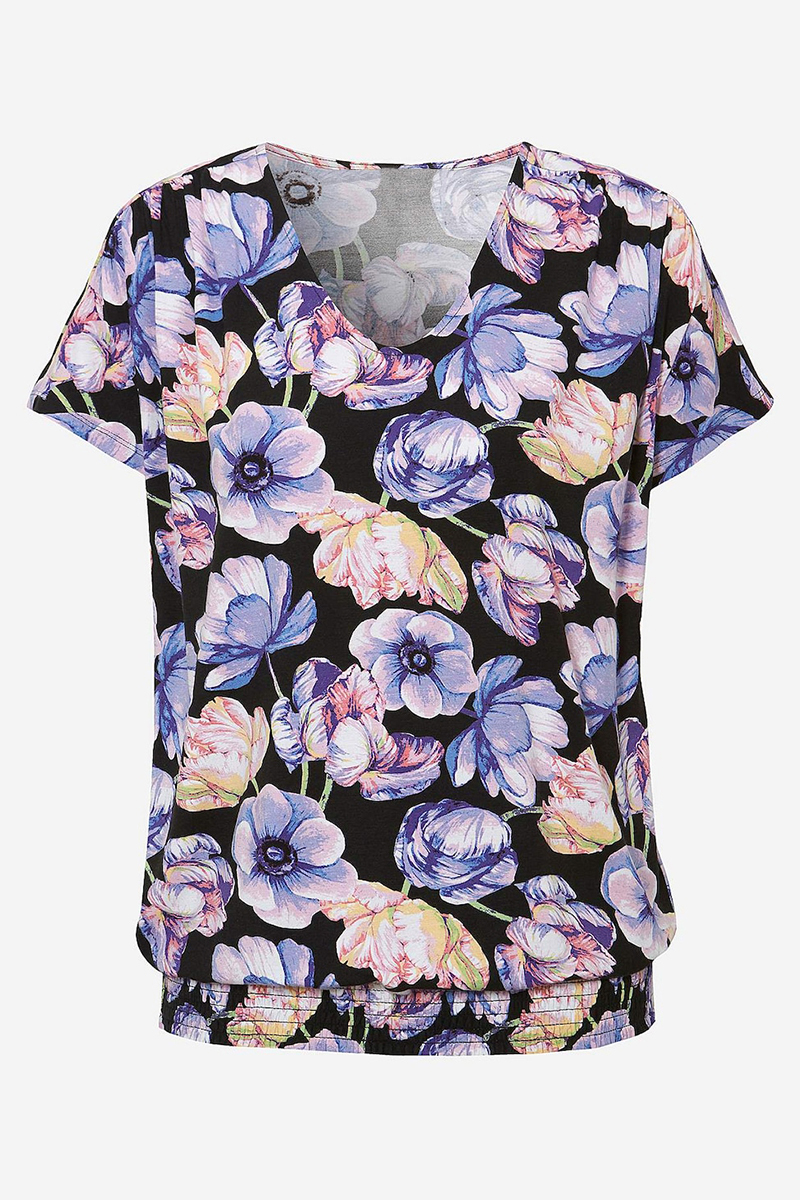 Happy Sizes Floral ελαστική μπλούζα με λάστιχο κάτω σε εμπριμέ χρώμα 619072-Εμπριμέ