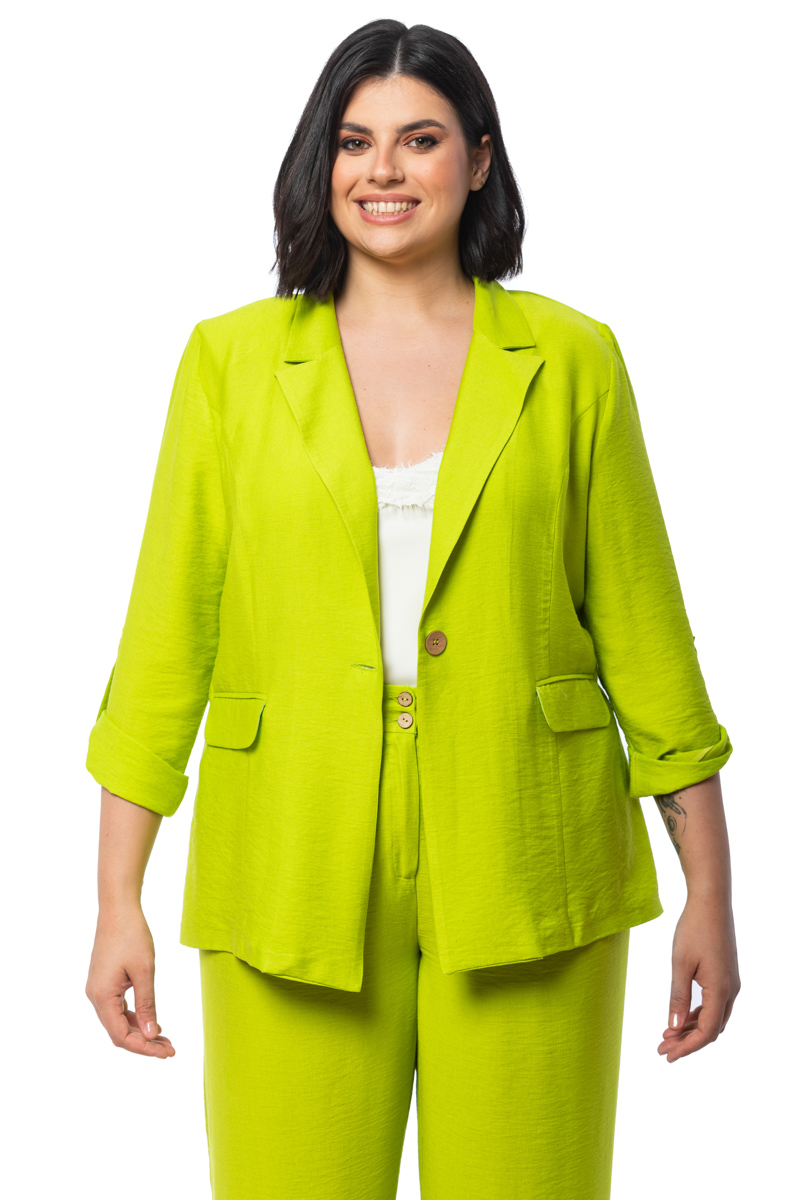 Happy Sizes Σακάκι τύπου λινό με ξύλινο κουμπί σε lime χρώμα 1423.3122-Lime