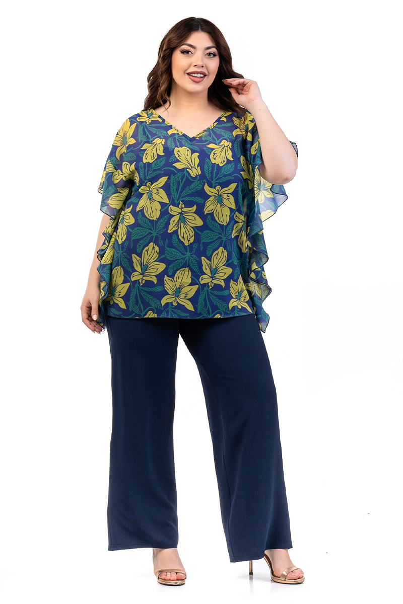 Happy Sizes Floral μπλούζα με βολάν στο μανίκι σε μπλε χρώμα 9123.5056-Μπλε
