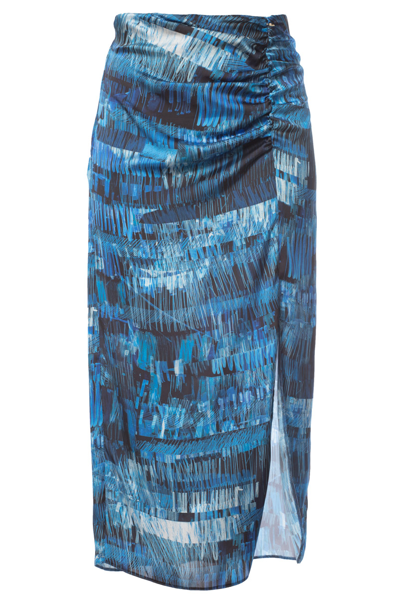 Happy Sizes Σατέν maxi φούστα με print και άνοιγμα στο πλάι σε μπλε χρώμα 14212.6145-Μπλε
