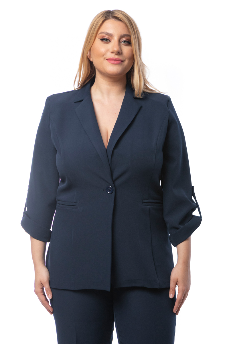 Happy Sizes Κρεπ σακάκι αφοδράριστο με κουμπί σε μπλε σκούρο χρώμα 1422.3087-Μπλε Σκούρο