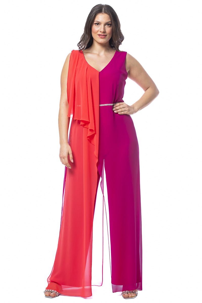Happy Sizes Δίχρωμη ολόσωμη φόρμα με στρας στη μέση από ζορζέτα σε φούξια χρώμα. 1422.4451-Φουξ