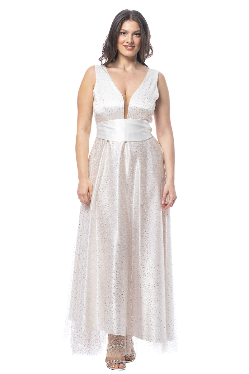 Happy Sizes Φόρεμα μακρύ με ζώνη σε εκρού χρώμα 1422.4446-Εκρού