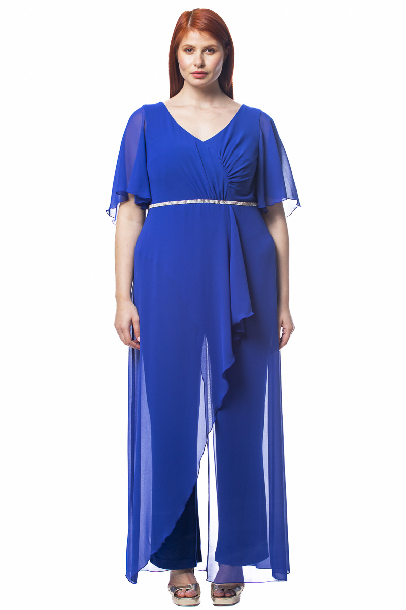 Happy Sizes Κρουαζέ ολόσωμη φόρμα με ζώνη με στρας σε ρουά χρώμα 1422.4452-Ρουά