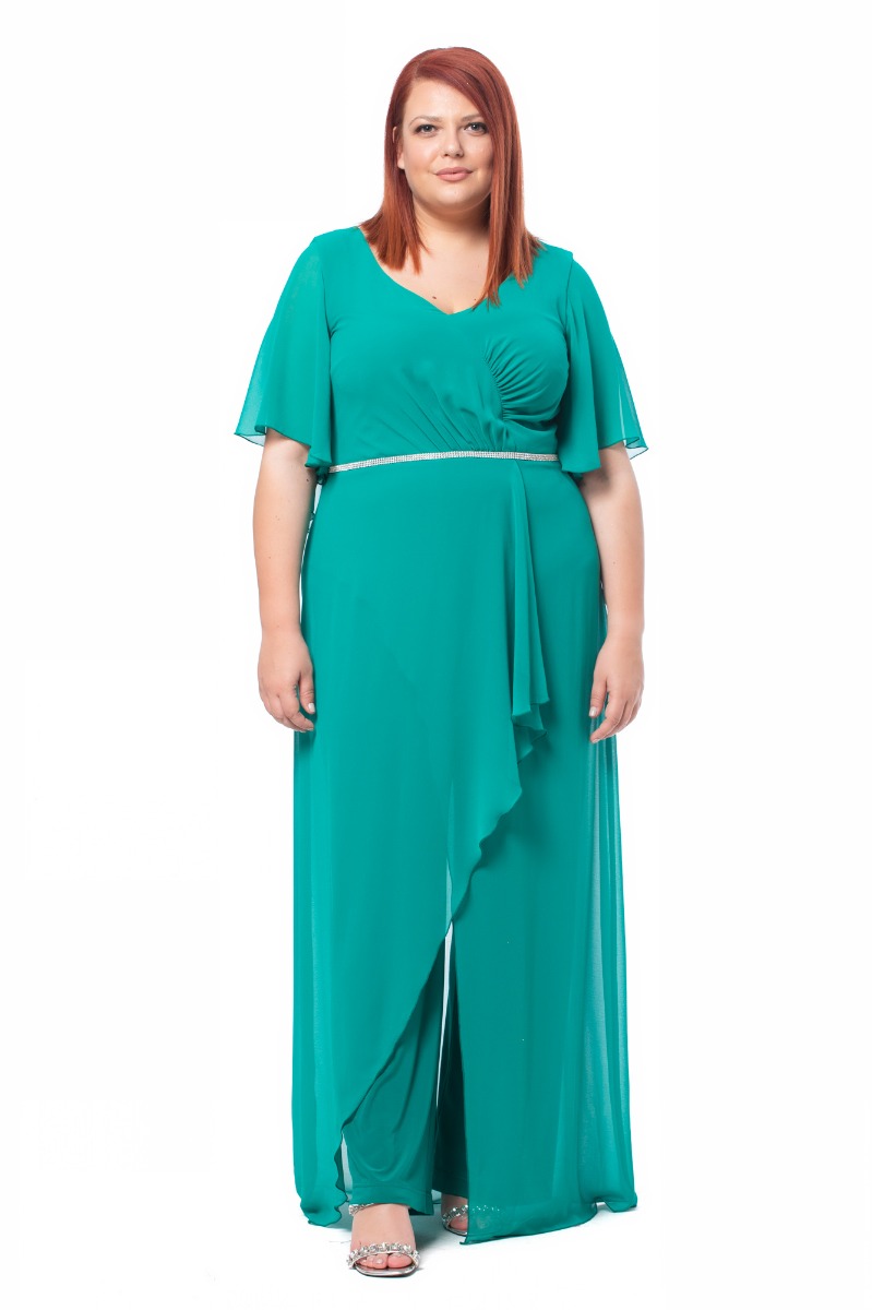 Happy Sizes Κρουαζέ ολόσωμη φόρμα με ζώνη με στρας σε πράσινο χρώμα 1422.4452-Πράσινο
