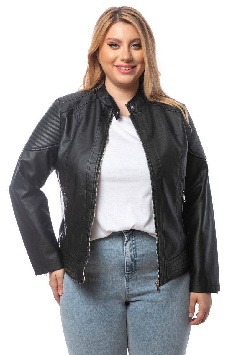 Happy Sizes Leather-like jacket με μάο γιακά σε μαύρο χρώμα 14223.7284-Μαύρο