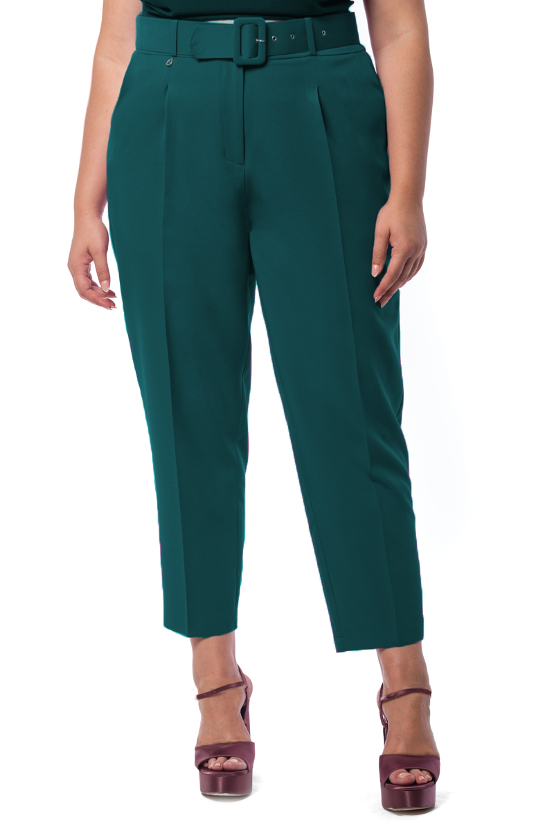 Happy Sizes Παντελόνι ψηλόμεσο με ζώνη και πιέτες σε πράσινο χρώμα 14223.2439-Πράσινο