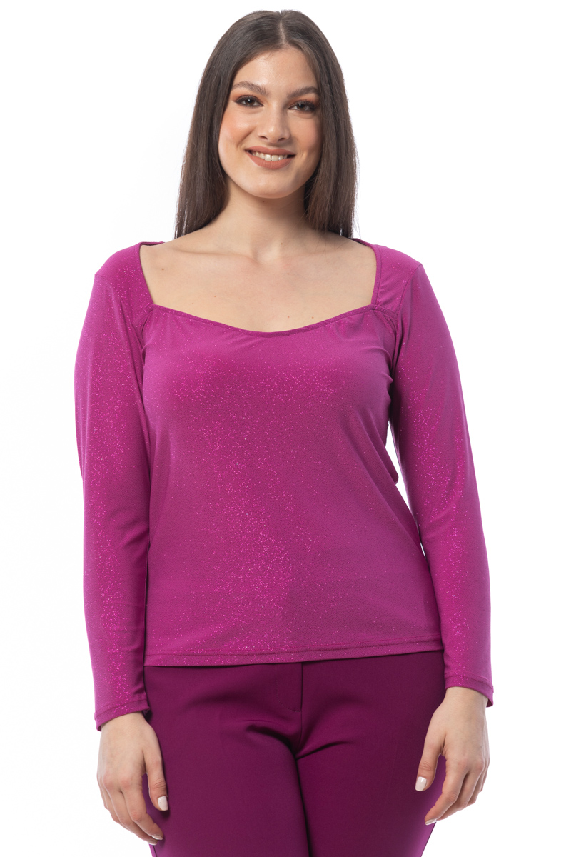Happy Sizes Glitter μπλούζα με heart shape ντεκολτέ σε φουξ χρώμα 14223.1695-Φουξ