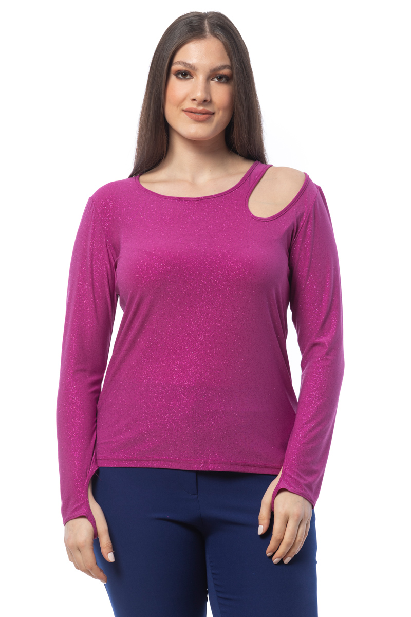 Happy Sizes Glitter μπλούζα με cut out λεπτομέρεια σε φουξ χρώμα 14223.1696-Φουξ