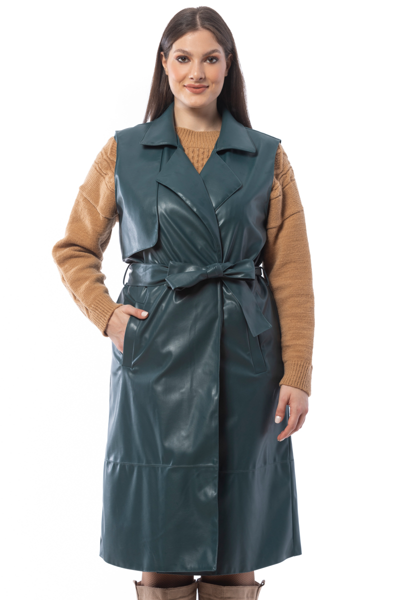 Happy Sizes Leather-like maxi γιλέκο με ζώνη σε πετρόλ χρώμα 14223.7289-Πετρόλ