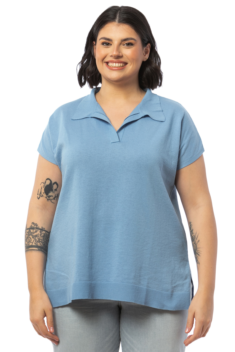 Happy Sizes Βαμβακερή μπλούζα με polo γιακά σε γαλάζιο χρώμα 4123.99297-Γαλάζιο