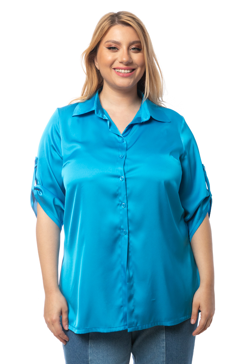 Happy Sizes Σατέν πουκάμισο με κουμπί στο μανίκι σε γαλάζιο χρώμα 1423.5294-Γαλάζιο