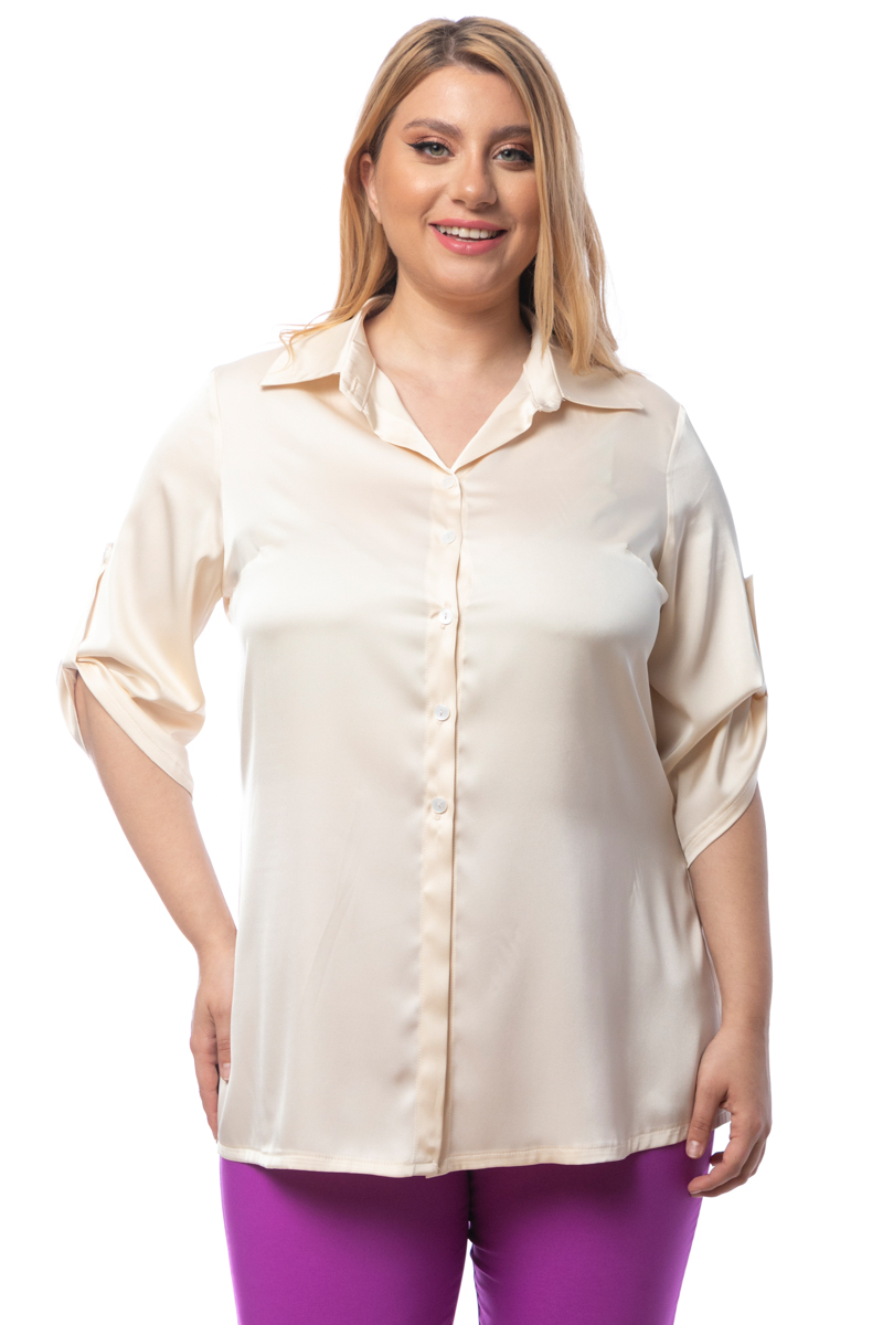 Happy Sizes Σατέν πουκάμισο με κουμπί στο μανίκι σε εκρού χρώμα 1423.5294-Εκρού