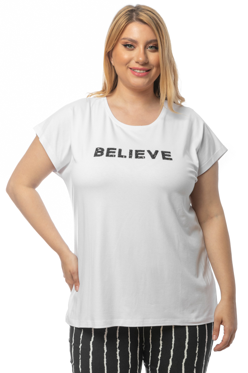Happy Sizes T-shirt με κέντημα “Believe” σε λευκό χρώμα 1423.8430-Λευκό