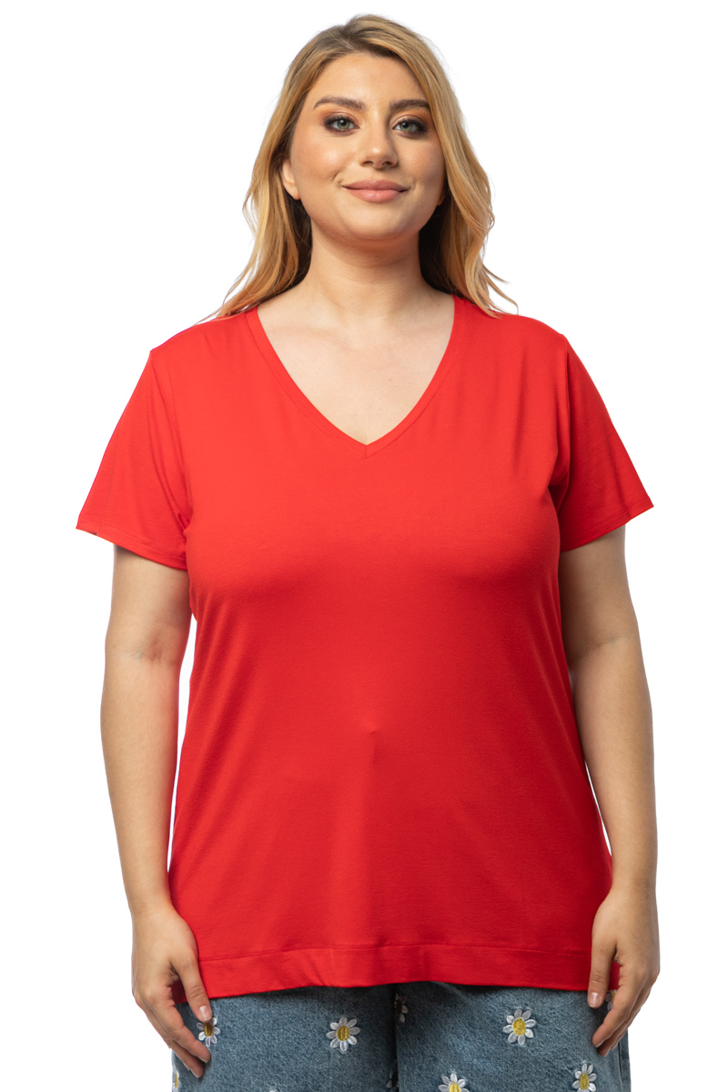 Happy Sizes T-shirt με V λαιμόκοψη σε κόκκινο χρώμα 1423.8432-Κόκκινο