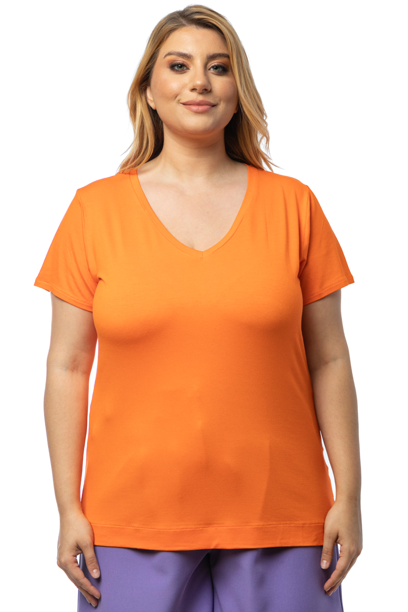 Happy Sizes T-shirt με V λαιμόκοψη σε πορτοκάλι χρώμα 1423.8432-Πορτοκαλί