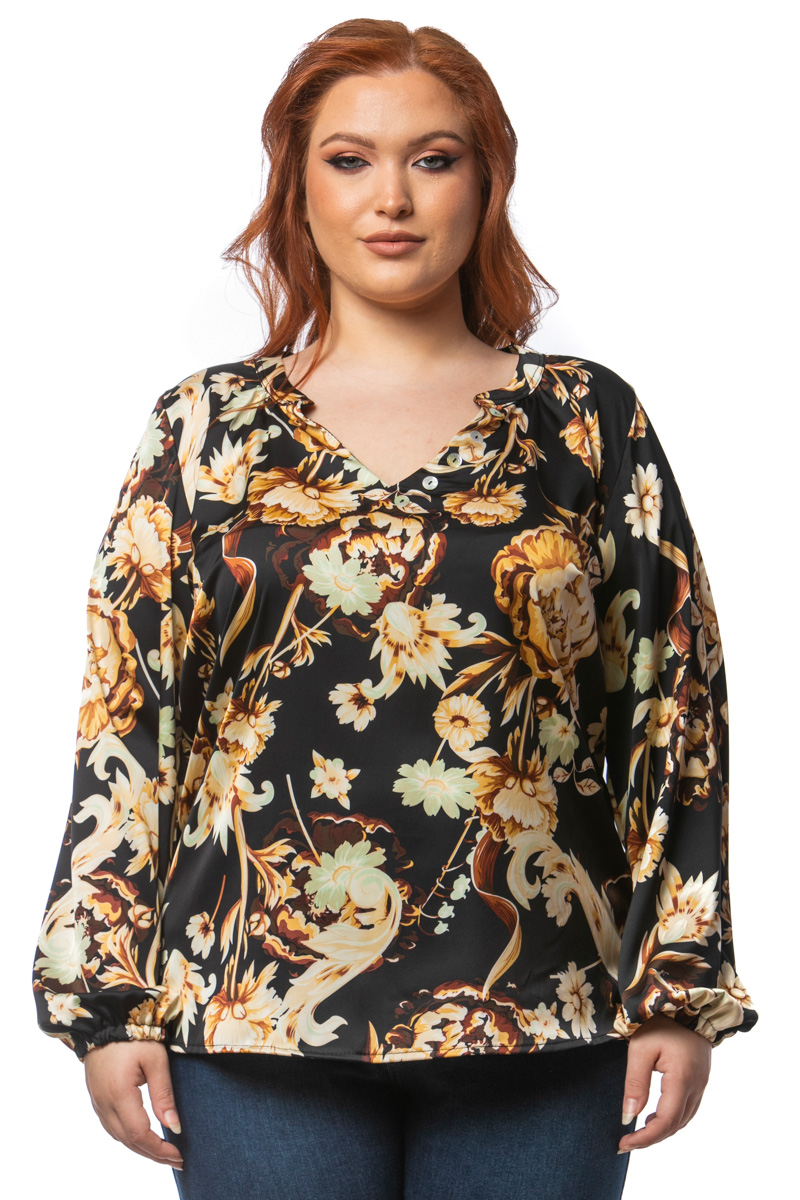 Happy Sizes Floral σατέν μπλούζα με V λαιμόκοψη σε μαύρο/μπεζ χρώμα 1423.1724-Μαύρο/Μπεζ