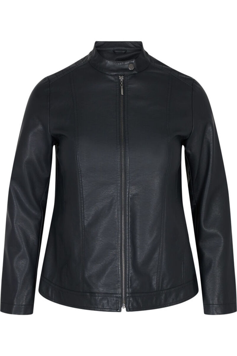 Happy Sizes Leather-like μπουφάν με μάο γιακά σε μαύρο χρώμα 61175-Μαύρο