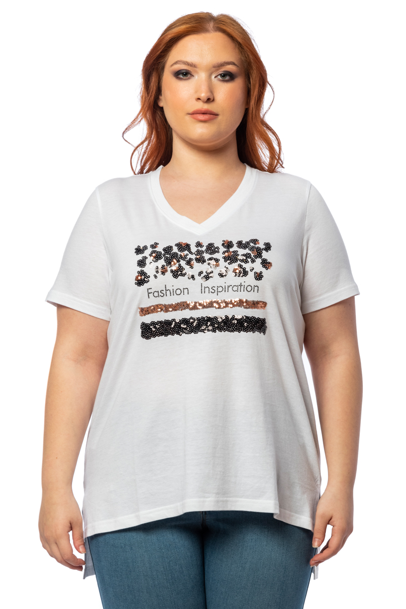 Happy Sizes T-shirt με κέντημα και στρας σε λευκό χρώμα 1423.8417-Λευκό
