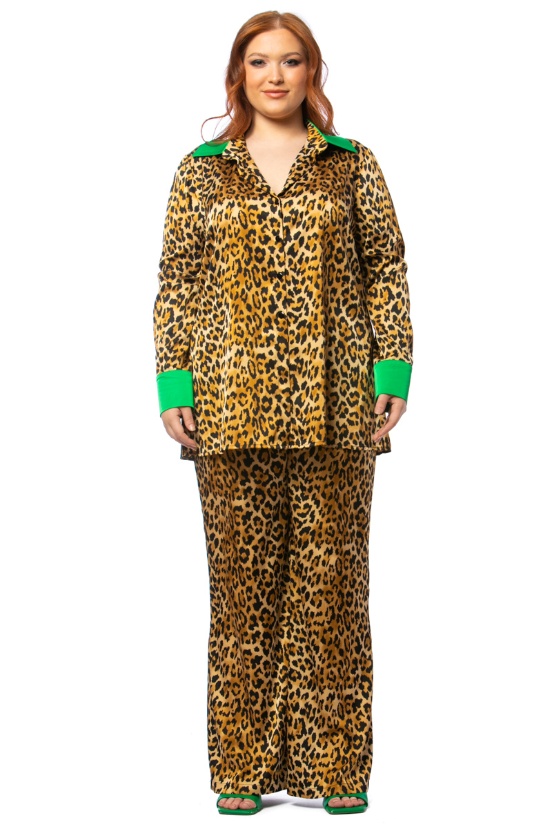 Happy Sizes Σατέν leopard πουκάμισο σε πράσινο χρώμα 1423.5280-Πράσινο