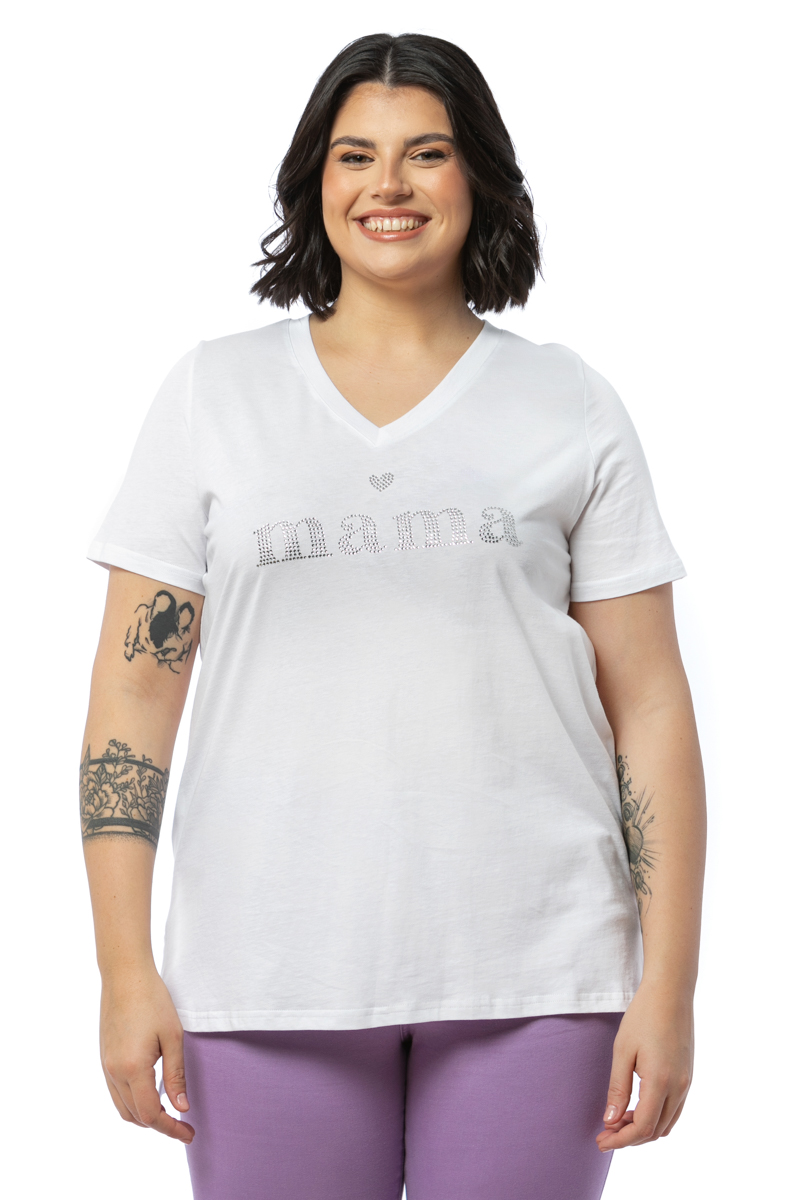 Happy Sizes T-shirt με τύπωμα “mama” με στρας σε λευκό χρώμα 1423.8429-Λευκό