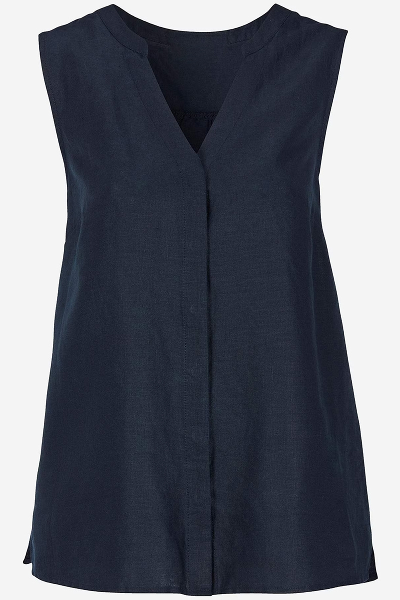 Happy Sizes Αμάνικο λινό πουκάμισο με V λαιμόκοψη σε μπλε σκούρο χρώμα 616617-Μπλε Σκούρο