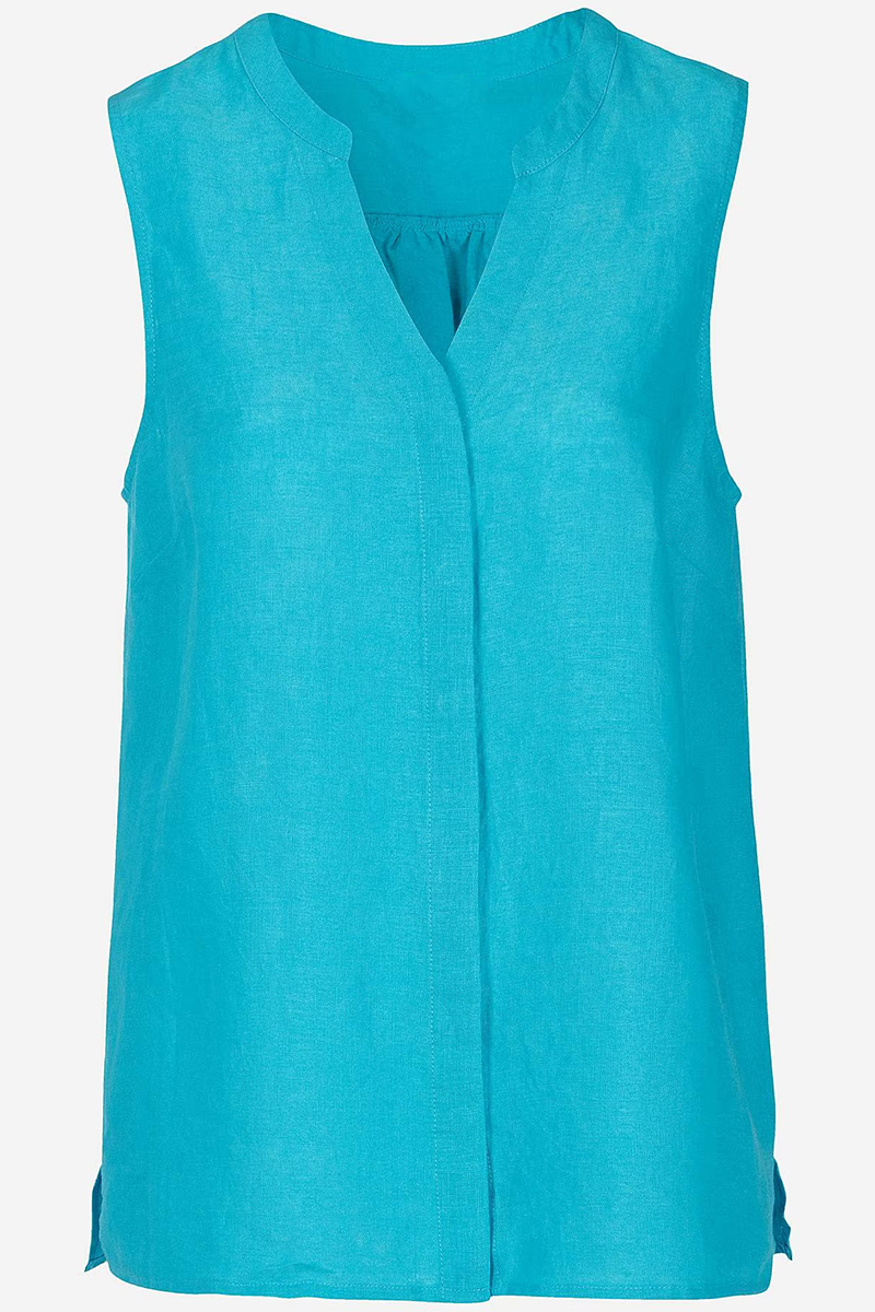 Happy Sizes Αμάνικο λινό πουκάμισο με V λαιμόκοψη σε τυρκουάζ χρώμα 616617-Τυρκουάζ