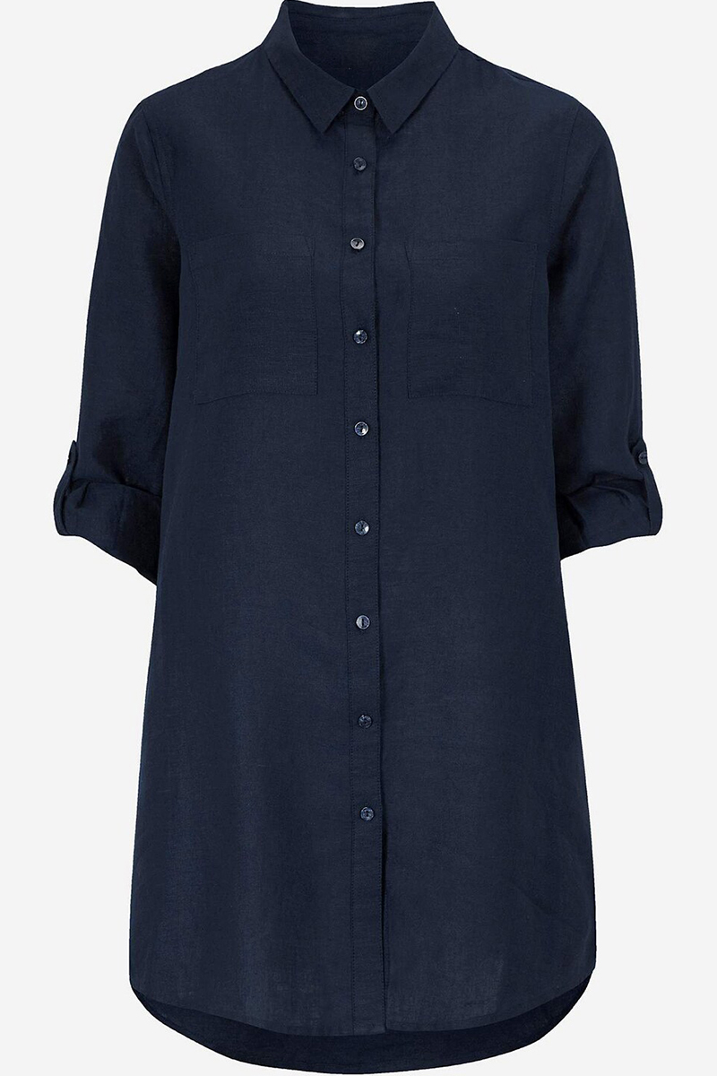 Happy Sizes Μακρύ λινό πουκάμισο σε μπλε σκούρο χρώμα 616620-Μπλε Σκούρο