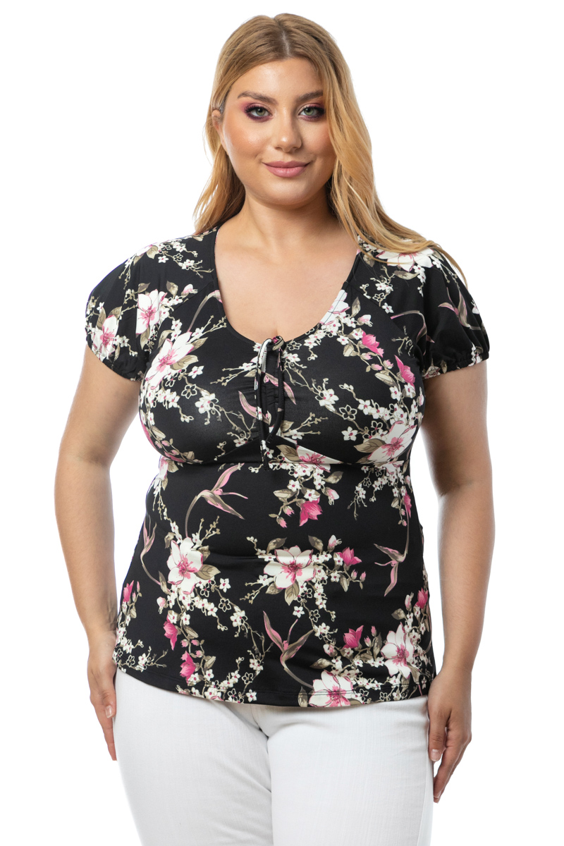 Happy Sizes Floral μπλούζα με σούρα στο στήθος σε μαύρο/ροζ χρώμα 619009-Μαύρο/Ροζ