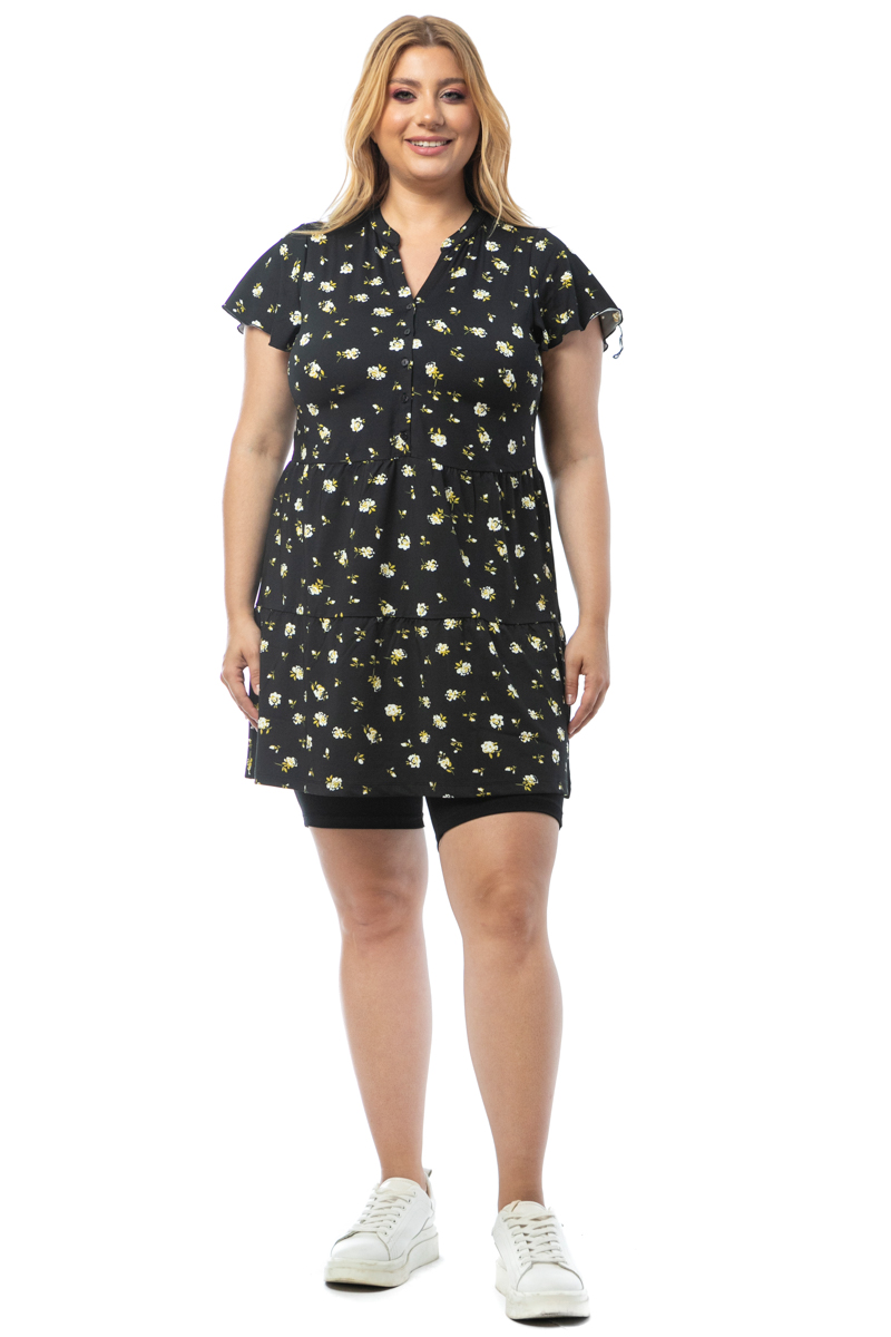 Happy Sizes Floral μπλουζοφόρεμα με κουμπιά σε μαύρο/κίτρινο χρώμα 619144-Μαύρο/Κίτρινο
