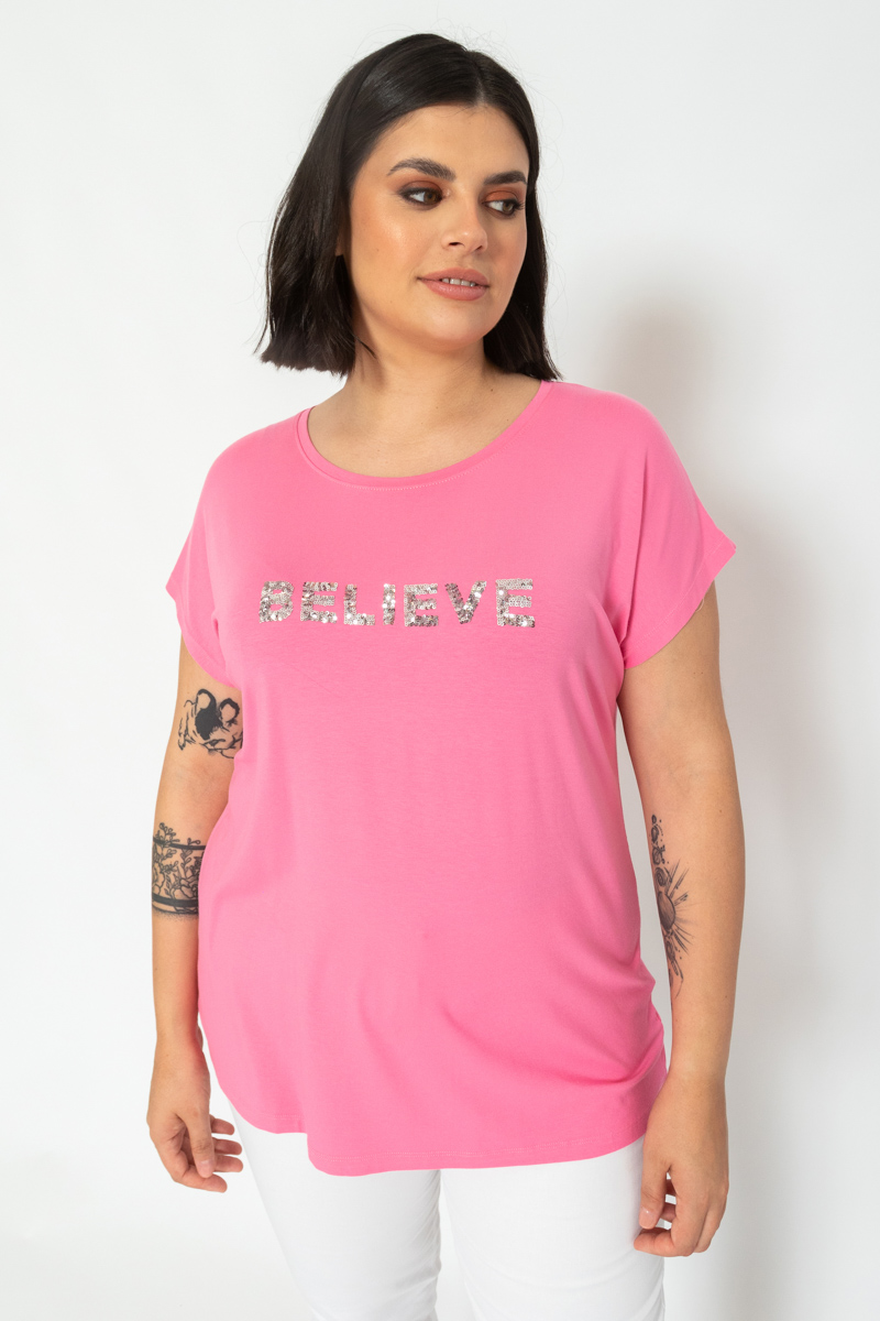 Happy Sizes T-shirt με κέντημα “Believe” σε ροζ χρώμα 1423.8430-Ροζ