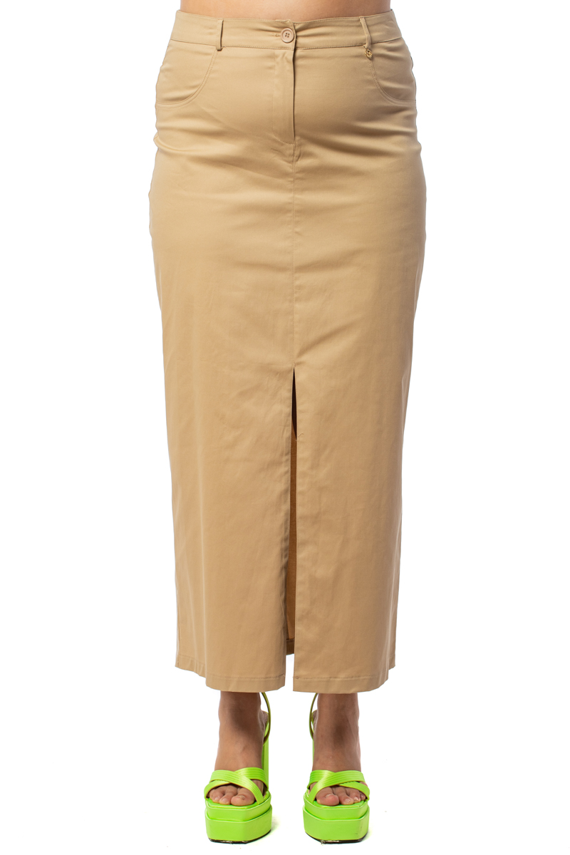 Happy Sizes Maxi φούστα καμπαρντίνα με άνοιγμα σε μπεζ χρώμα 1423.6194-Μπεζ