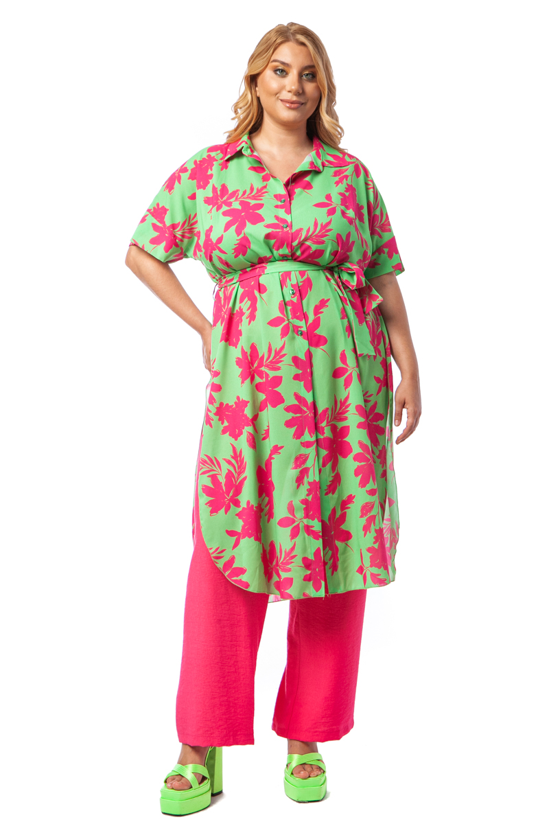 Happy Sizes Ημιδιάφανη μακριά πουκαμίσα με ζώνη σε φουξ/πράσινο χρώμα 14234.5308-Φουξ/Πράσινο