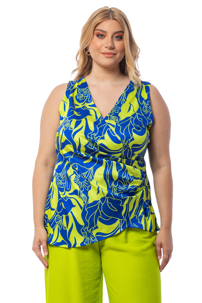 Happy Sizes Αμάνικη κρουαζέ σατέν μπλούζα με lime χρώμα 14234.1836-Lime