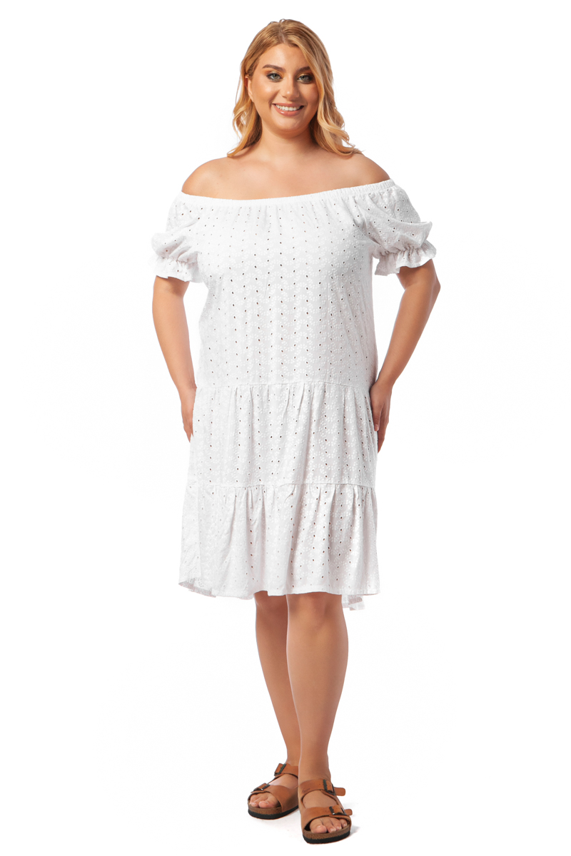 Happy Sizes Cotton διάτρητο φόρεμα με balloon μανίκι σε λευκό χρώμα 1423.4651-Λευκό