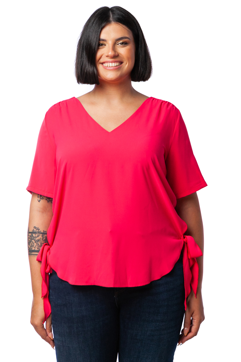 Happy Sizes Hi-Lo μπλούζα που δένει στα πλαϊνά σε φουξ χρώμα 14234.1830-Φουξ