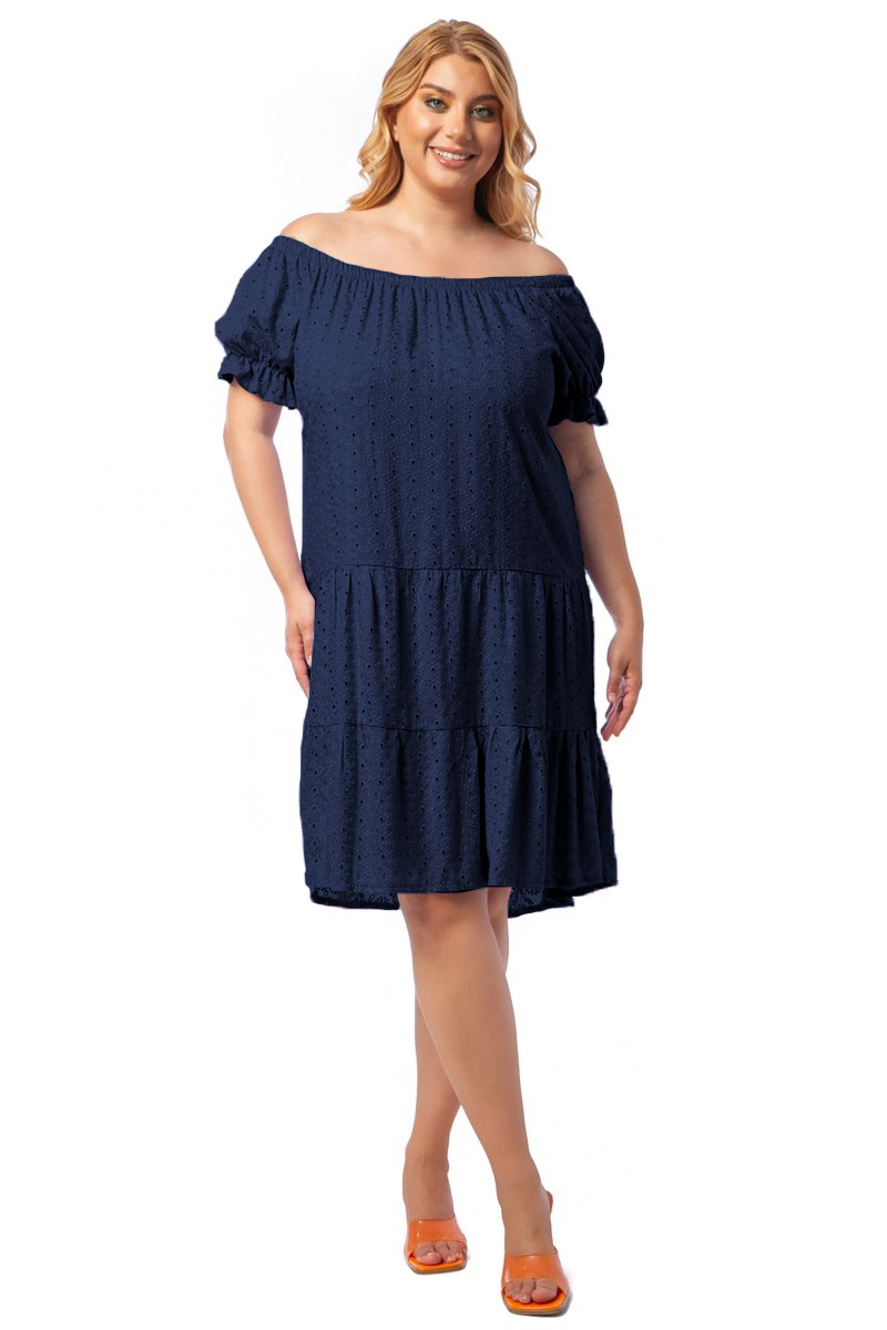 Happy Sizes Cotton διάτρητο φόρεμα με balloon μανίκι σε μπλε χρώμα 1423.4651-Μπλε